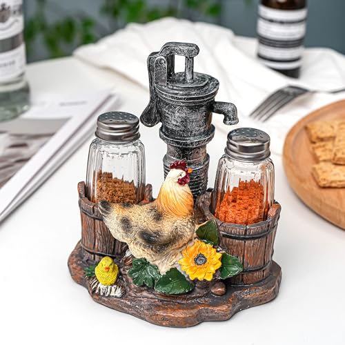 Farmhouse Rooster & Chick Salt & Pepper Shaker Set with Water Pump - Rustic Kitchen Decor - FarmHenWell Variation
