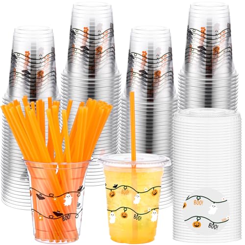 Halloween Plastic Cups with Straws and Lids - 50 Pack, 12oz, Orange, Classic Style