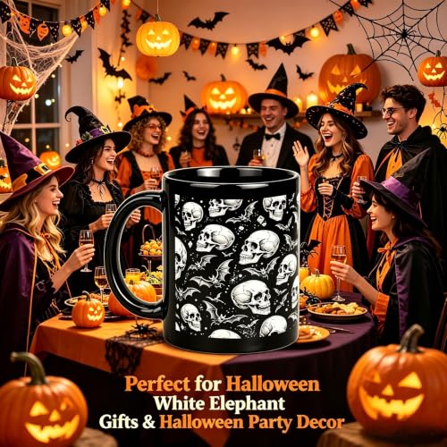Halloween Skull Mug - Gothic Spooky Skeleton Ceramic Black Cup 11oz - Skull Mug Variation