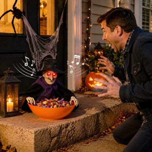 Animated Halloween Witch Candy Bowl with Moving Arms & Glowing Eyes