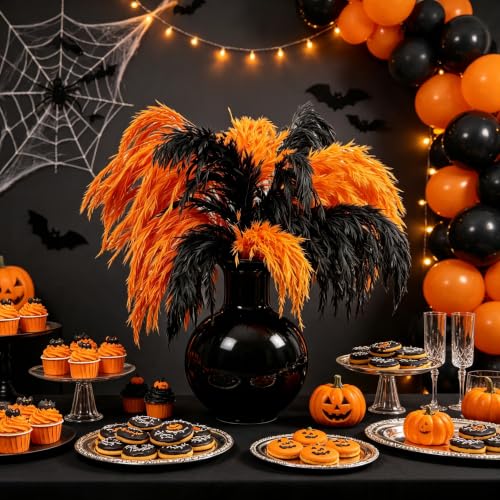 Black and Orange Pampas Grass for Halloween Decorations - 17 Inches
