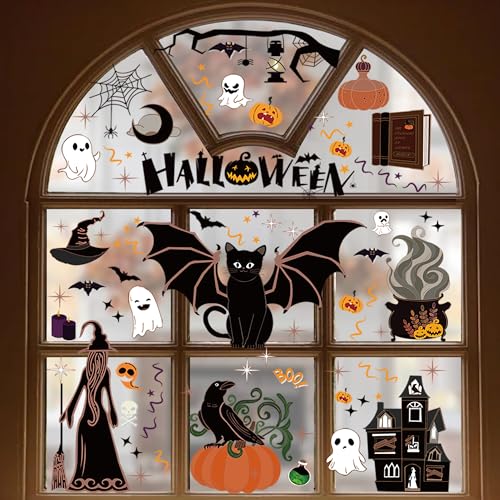 Reusable Gothic Halloween Window Clings - Vintage Victorian Ghost & Cat Design
