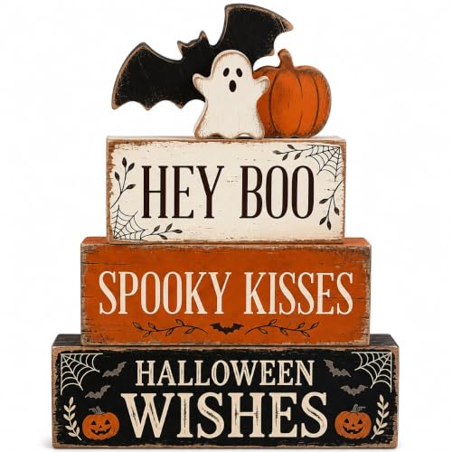 Halloween Wooden Tiered Tray Decor Set - Ghost & Jack O Lantern Signs, Indoor Festive Display
