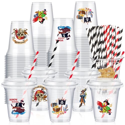 Pirate Party Cups Set with Lids and Straws - 36 Count, 14 oz, Pirate Variation