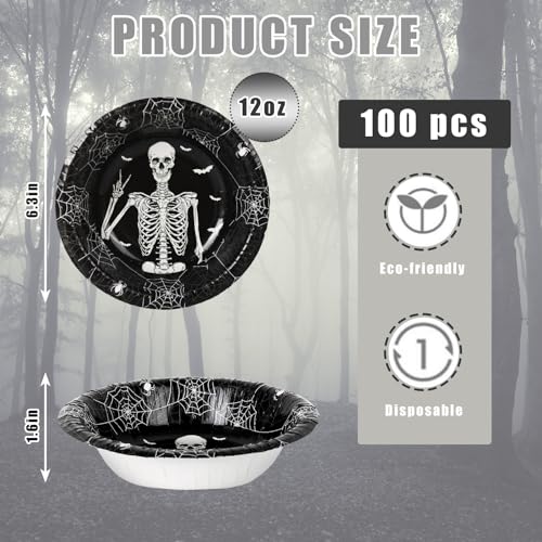 Halloween Paper Bowls 100-Pack - Spooky Skeleton Bat Web Snack Cups