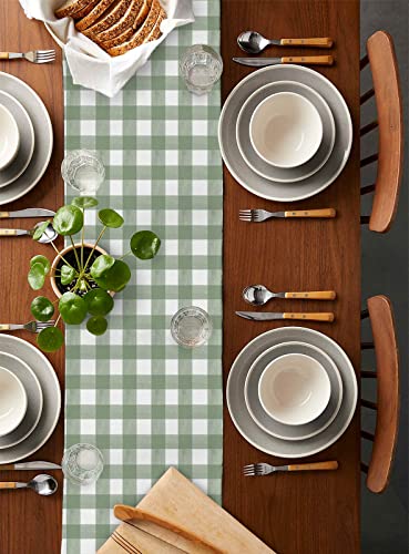 Sage Green Buffalo Plaid Table Runner 48 Inch - Farmhouse Kitchen Decor - Sage Green & White