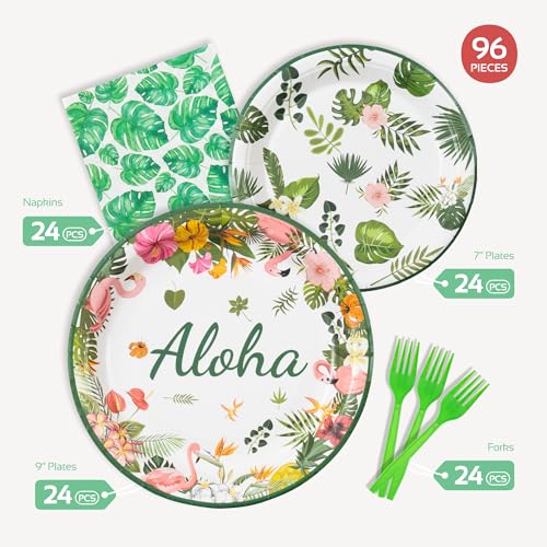 Hawaiian Party Tableware Set for 24 Guests - Luau Decorations, Plates, Napkins & Forks