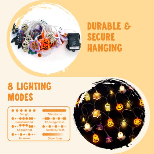 Halloween String Lights Set - 19.7Ft 30 LED Ghost & Pumpkin 3D Designs, Battery Operated with 8 Modes, Indoor Outdoor Decor, Multiple Character Variations