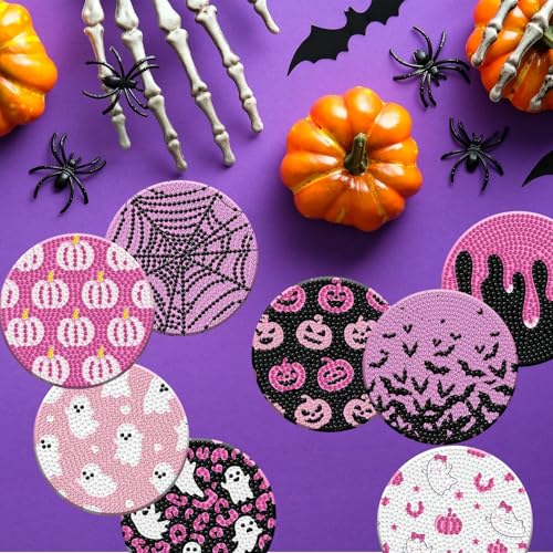 Pink Halloween Diamond Art Coaster Kit with Holder - DIY 8 Pcs for Adults