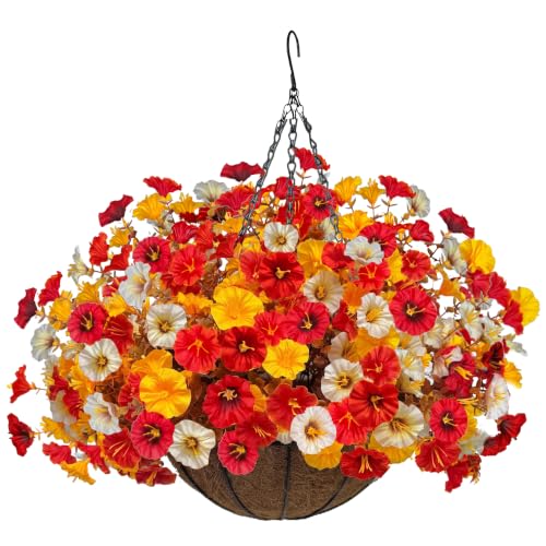 Artificial Hanging Flower Basket - Deep Autumn Faux Petunias, UV Resistant Outdoor Decor