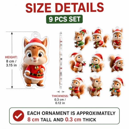 Squirrel Christmas Hanging Ornaments 9pcs Cartoon Acrylic Holiday Decorations - Variation Squirrel-A-1227