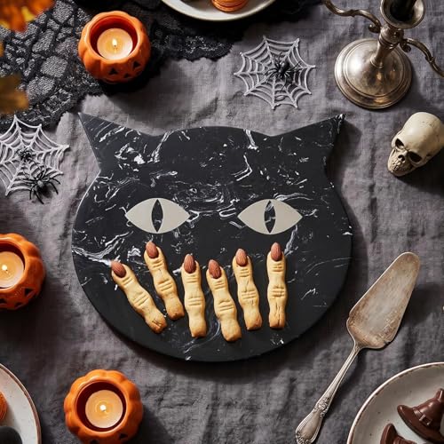 Halloween Cat Marble Cheese Board - Black 11x9.8 Inch Serving Tray with Variation Black/Cat