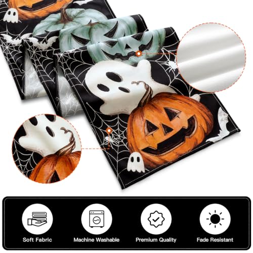 Ghost Halloween Table Runner 13x36 Inch - Spooky Pumpkin & Spider Web Design - Ghost Variation