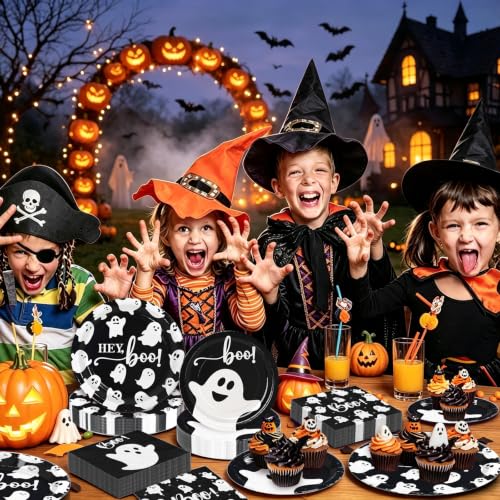 Halloween Paper Plates and Napkins Set - Ghost Design Party Supplies, 180 Pieces
