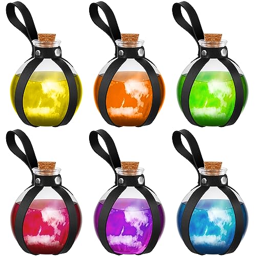 Black 6-Pack Halloween Glass Potion Bottles with Cork and Leather Belts