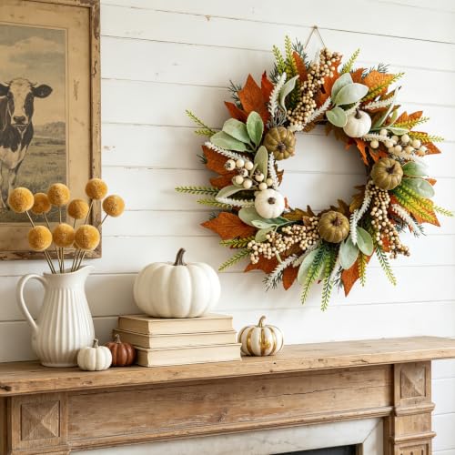 18 Inch Fall Pumpkin Wreath for Front Door - Small Version, Autumn Decor