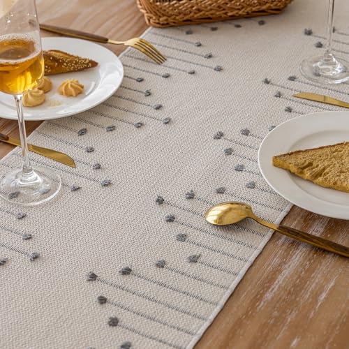 Joyfol Day Boho Table Runner - Farmhouse Stripe Cotton with Tassels, 13 x 90 Inch, Grey
