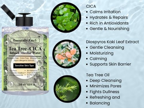 Essentially Kate's Micellar Cleansing Water - Hydrating Makeup Remover with Hyaluronic Acid & Tea Tree | 16.9 Fl Oz for Sensitive Skin