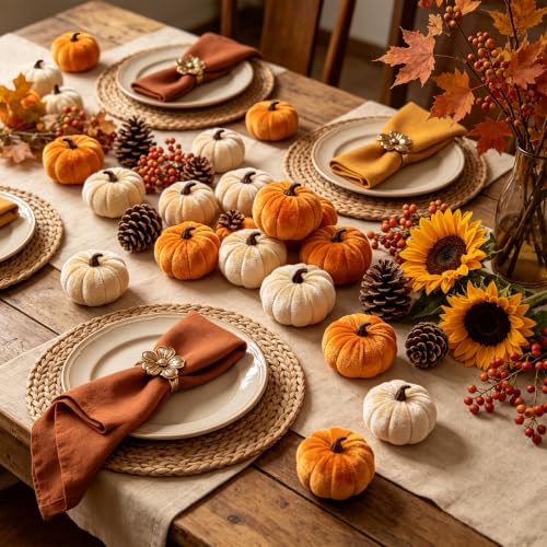16 Pcs Faux Velvet Pumpkins Fall Harvest Decor Set - Rustic Autumn Colors