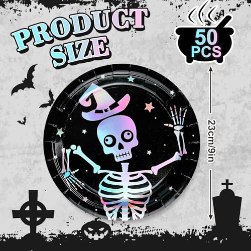 Skeleton Halloween Party Plates - Iridescent Silver 9 Inch Disposable Dinnerware Set with Color-Changing Holographic Effect