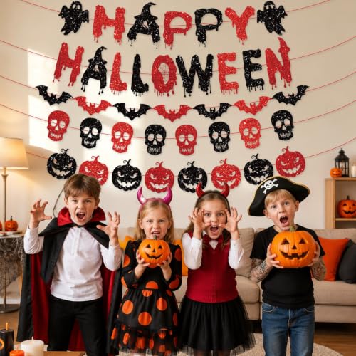 Halloween Banner with Glitter Bat Skull Pumpkin Decor - Pre-Strung Party Garland