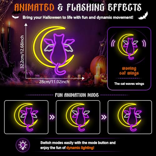 Purple MoonCat Halloween Bat Cat Neon Sign with Waving Wings USB Light
