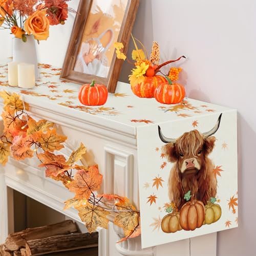 Fall Cow Pumpkin Linen Table Runner 13x72 Inch for Kitchen Dining Decor