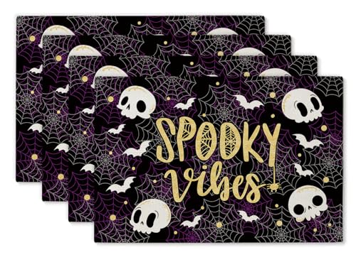 Halloween Skeleton Bat Placemat Set of 4 - Spooky Table Decor for Home & Dining