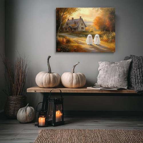 Halloween Ghost Wall Art Canvas 16x24 Inches - Rustic Ghost Decor for Fall & Halloween - Ready to Hang