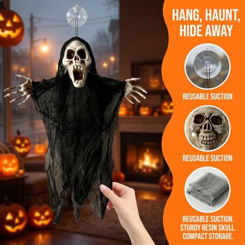 Halloween Hanging Ghost Decorations - 2 Pack, 17.7 Inch Skeleton Ghosts with Tattered Gauze & Bendable Arms for Yard Porch Haunted House