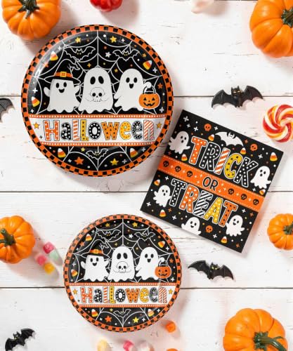 Halloween Paper Plates and Napkins Set - Black White Ghost, 9-inch & 7-inch, Round, Heavy Duty, Spooky Gothic Party Supplies, Variation: Black White Ghost / Round / 9inch 7inch