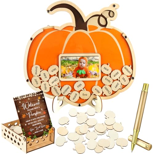 Pumpkin Baby Shower Guest Book Set with Photo Frame and Wooden Slices