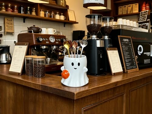 Halloween Ceramic Coffee Spoon & Utensil Holder Ghost with Pumpkin