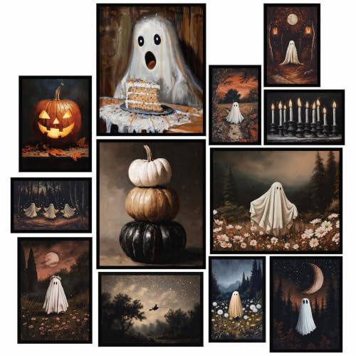 Halloween Ghost Wall Decor Set - 12 Spooky Pumpkin Art Prints for Gothic Room Decor