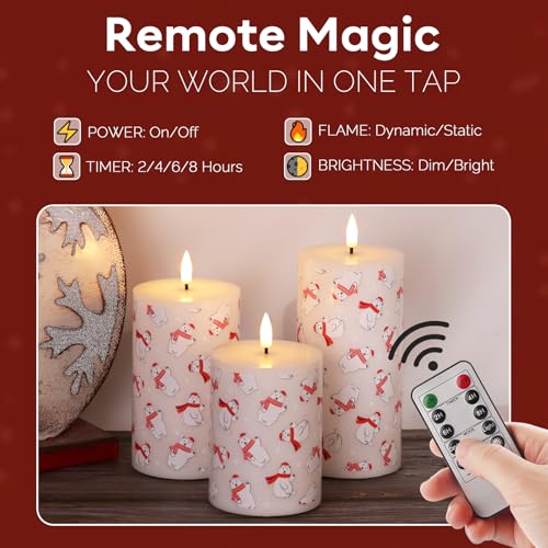 Eywamage Bear Winter Christmas LED Pillar Candles with Remote - Set of 3