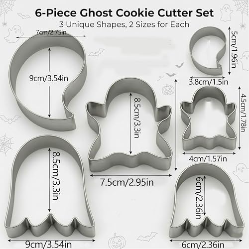 Ghost Cookie Cutter Set - 6PCS Halloween Shaped Stainless Steel Biscuit Molds with 3 Sizes - Fall Party Decorations