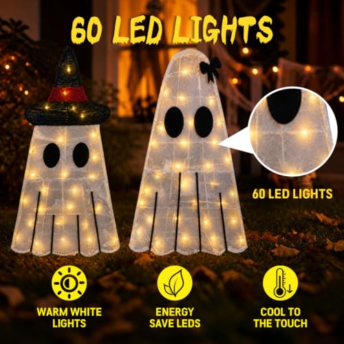 Halloween Ghost Decor Light-up Outdoor Ghost with Black Hat - 2 Pack