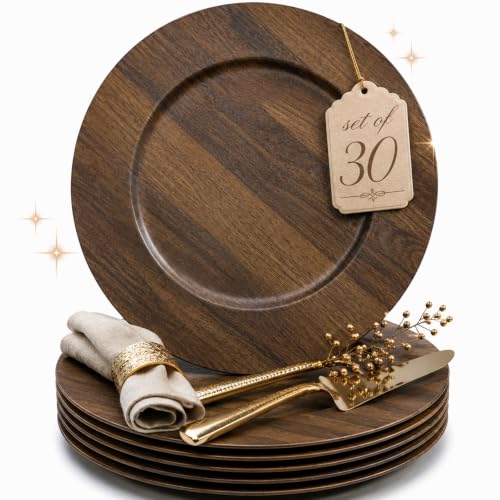 30 Count 13-Inch Faux Wood Charger Plates Set for Dinner Table Decor