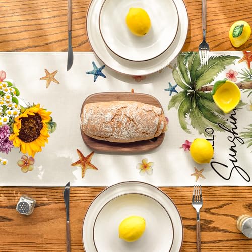 Summer Table Runner 13x60 Inch Coconut Tree Flowers Starfish Beach Decor - Beige