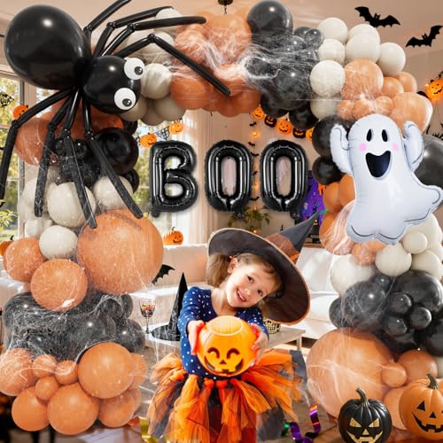 Halloween Balloon Garland Arch Kit with Ghost, BOO, Spider Web & Eyeball Balloons - Black Orange White Sand Variation