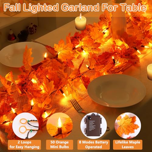 Orange Fall Garland with 100 LED Lights, 20Ft Battery Operated, 2 Pack