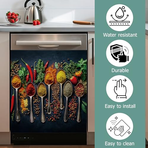 Dishwasher Cover with Spice Spoons Design - Reusable Magnetic Front Panel for Kitchen Decor 23x26 Inch