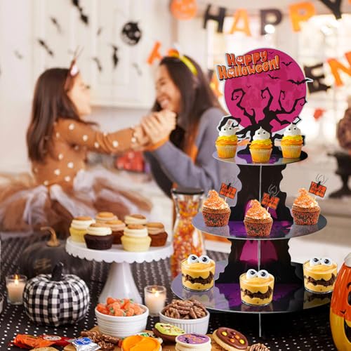 Halloween 3-Tier Cupcake Stand with Red Moon and Tree Design - Horror Theme Dessert Tower
