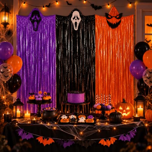 G2PLUS Halloween Hanging Ghost Decorations Set - Black, Orange, Purple, 3 Pack, 6 Ft Foil Fringe Ghosts for Indoor & Outdoor Decor