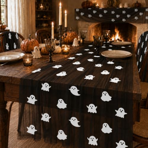 Halloween Ghost Table Runner Set - Black Mesh, 29x72 Inches, 4 Pieces - Ghost & Black Variation