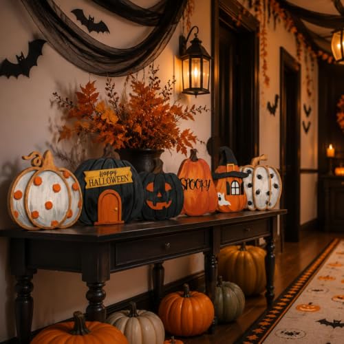 6-Pack Halloween Wooden Porch Signs Pumpkin Ghost Spider Spooky Decorations