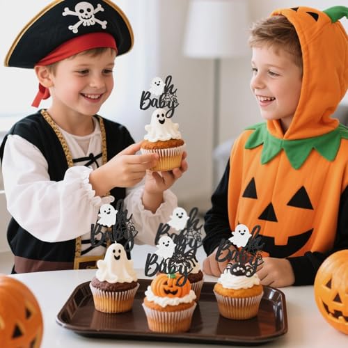 24Pcs Halloween Baby Shower Cupcake Toppers - Spooky Ghost Theme Cake Decorations