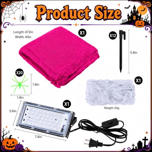 Glow in the Dark Spider Web Decoration with Mini Spiders - Fluorescent Red, 472 x 39 Inches - Halloween Outdoor Decor