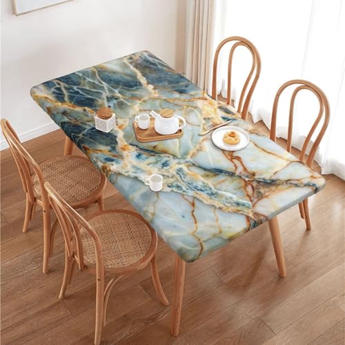 Marble Tablecloth with Elastic Edge - Natural & Golden Lines, 48 x 30 Inches