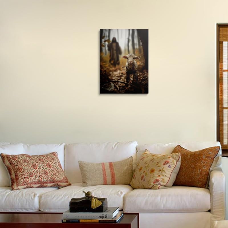 Jesus Shepherd Wall Art Canvas - Jesus Running After Lost Lamb 24x16 Inches - Christian Home Decor